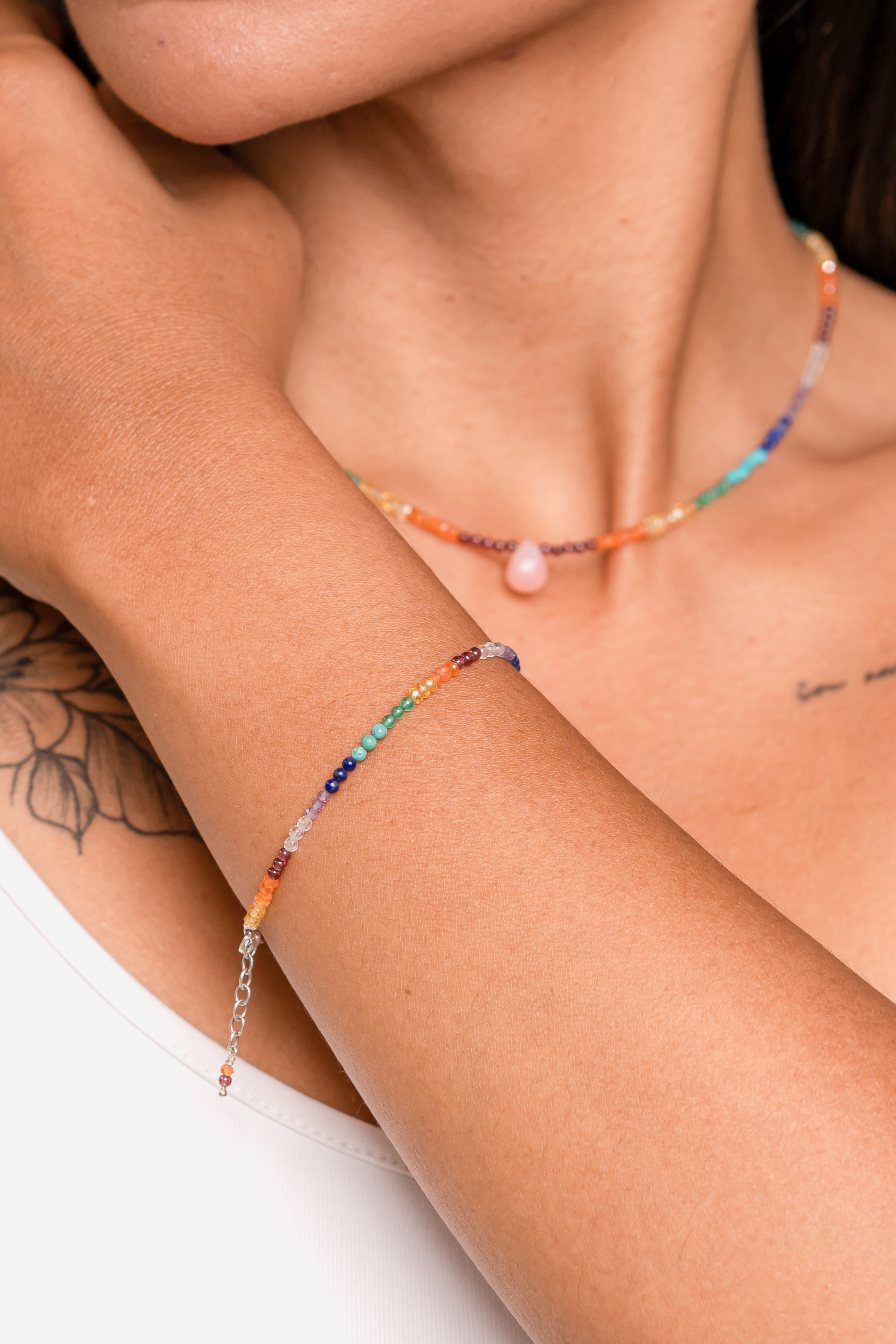 Seven Chakra 2mm Round Silver Bracelet